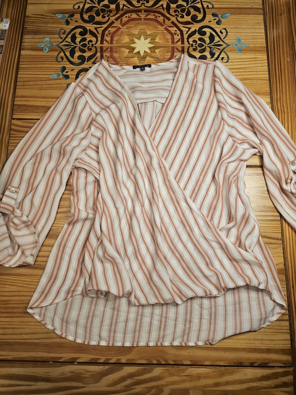 West Kei White and Light Orange Striped Wrap-Style Blouse